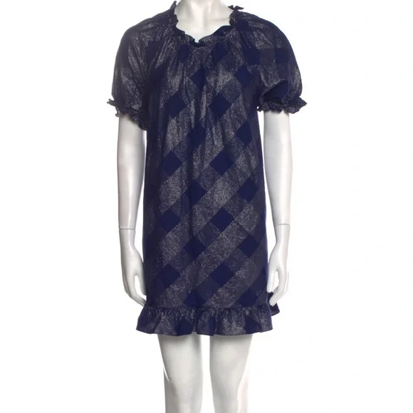 HILL HOUSE KATHERINE NAP CHECK BLUE SHORT SLEEVE METALLIC THREAD TUNIC DRESS - Picture 2 of 10